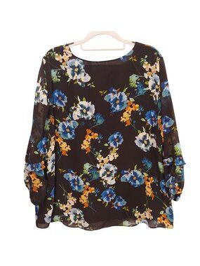 Calvin Klien Blouse Womens 1X black colorful floral flowy Boho Business Casual
